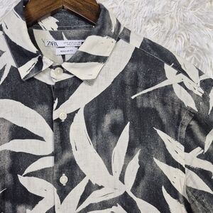 Zara Linen Leaf Print Short Sleeve Button Up Shirt Black & White Mens M Resort